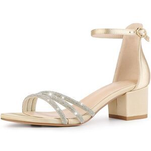 Satin Rhinestones Open Toe Chunky Heel Sandals for Women Champagne